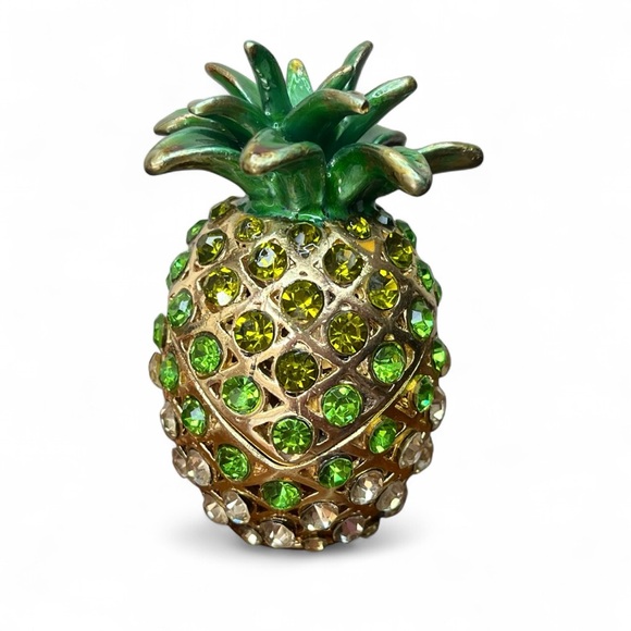 Source Unknown Other - Hawaiian Pineapple Trinket Box Rhinestone Enameled Magnetic Closure Green